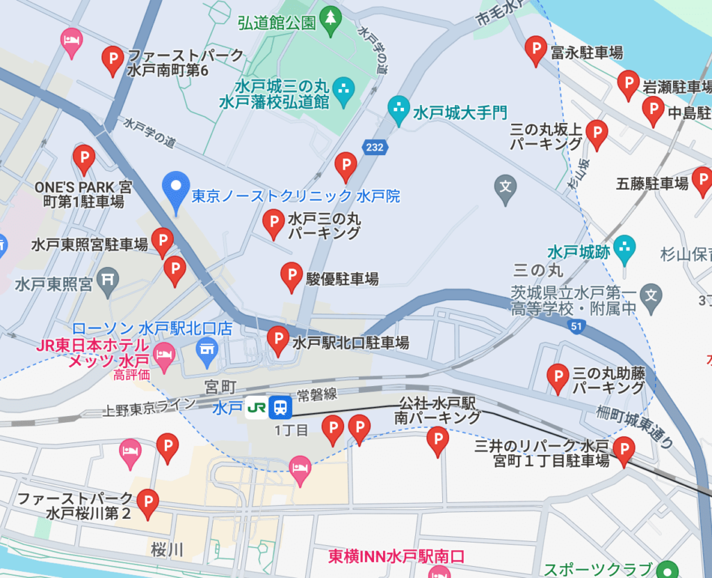 東京ノーストクリニック水戸院周辺の駐車場情報です。