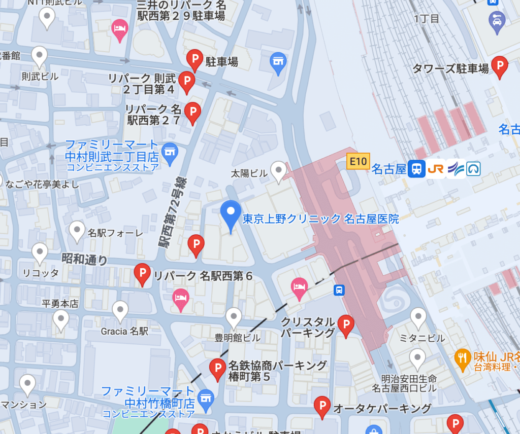 東京上野クリニック名古屋医院周辺の駐車場情報です。