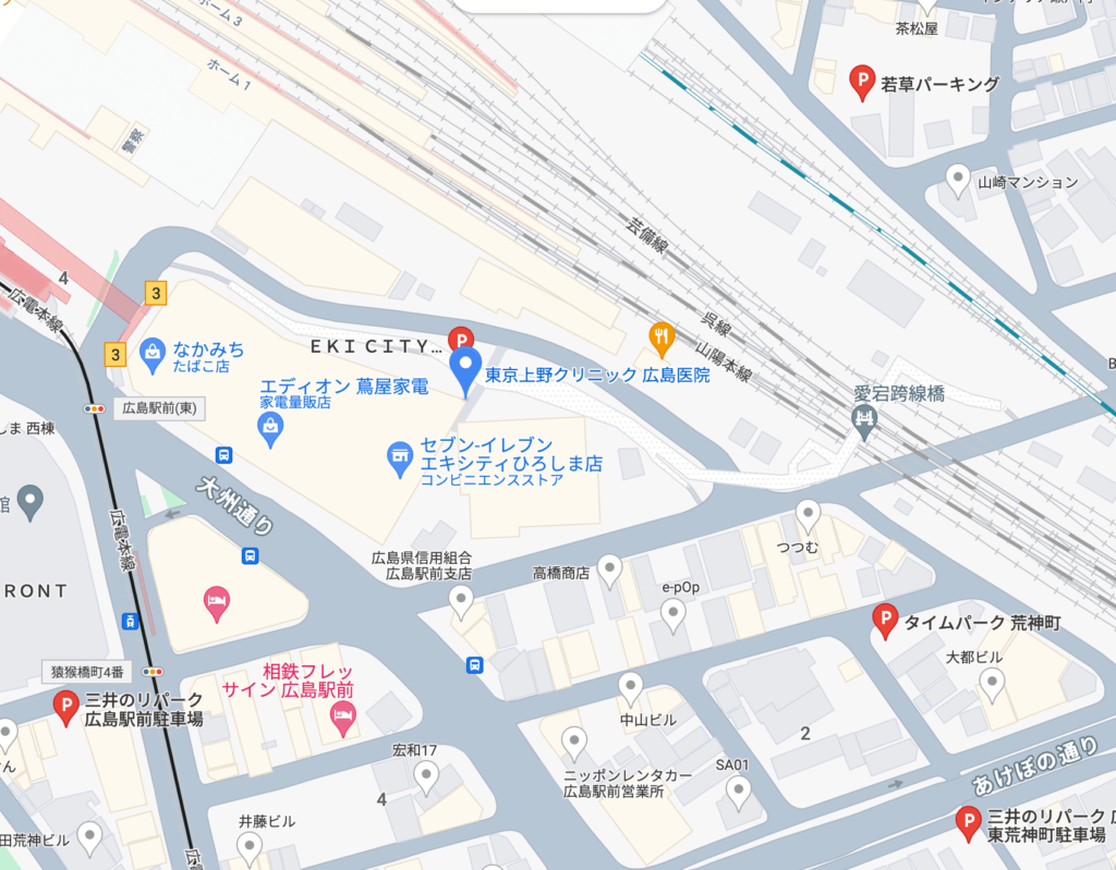 東京上野クリニック広島医院周辺の駐車場情報です。